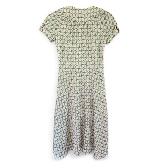 Zara Medium Basic Ivory & Green Circle Print Midi Dress Cap Sleeves V-Neckline - Picture 2 of 8